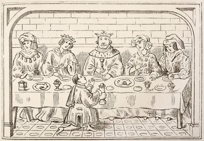 Framed Print : Royal dinner party in the 15th century, from an old manuscript in the British Museum Framed Print : Royal dinner party in the 15th century, from an old manuscript in the British Museum