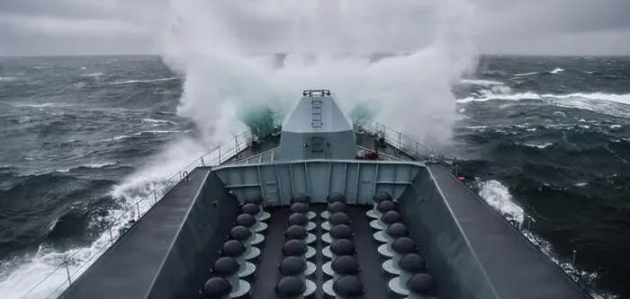 Framed Print : A Royal Navy Type 23 frigate in stormy weather viewed from the ships bridge Framed Print : A Royal Navy Type 23 frigate in stormy weather viewed from the ships bridge