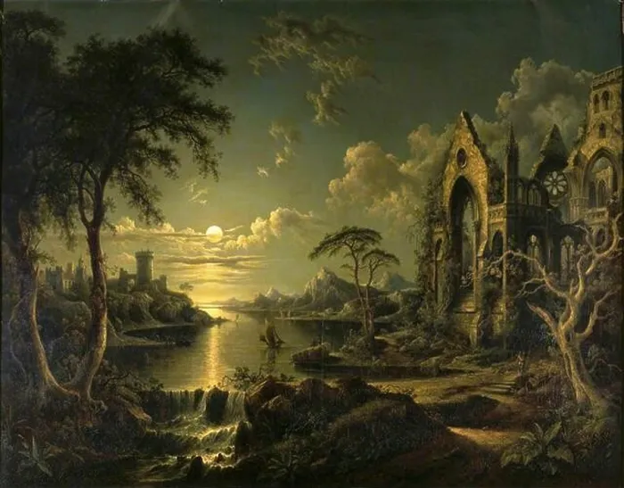 Framed Print : A Ruined Gothic Church beside a River by Moonlight 1841 by Sebastian Pether Framed Print : A Ruined Gothic Church beside a River by Moonlight 1841 by Sebastian Pether