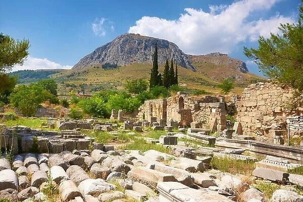 Ruins of the ancient city of Corinth, view of the Acrocorinth, Greece