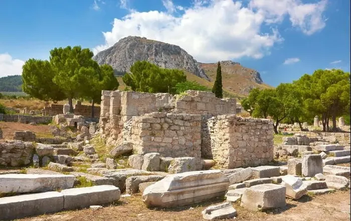 Framed Print : Ruins of the ancient city of Corinth, view of the Acrocorinth, Greece Framed Print : Ruins of the ancient city of Corinth, view of the Acrocorinth, Greece