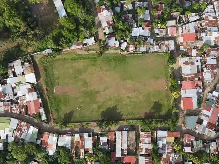 Framed Print : Rural grass soccer field above top drone view Framed Print : Rural grass soccer field above top drone view