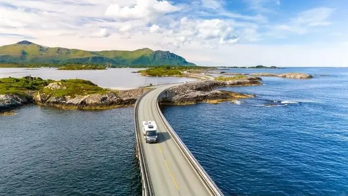 Framed Print : An RV drives along the Atlantic Road Bridge in Norway, a scenic bridge that connects several islands Framed Print : An RV drives along the Atlantic Road Bridge in Norway, a scenic bridge that connects several islands