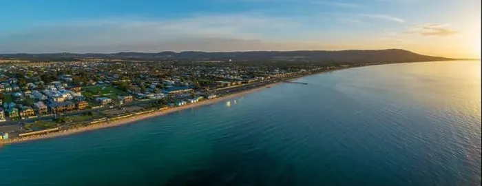 Framed Print : Safety Beach suburb coastline at sunset. Aerial panorama with copy space Framed Print : Safety Beach suburb coastline at sunset. Aerial panorama with copy space