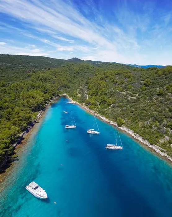 Framed Print : Sailing boats anchoring in Croatia bay, aerial view. Active life style, water transportation and marine sport Framed Print : Sailing boats anchoring in Croatia bay, aerial view. Active life style, water transportation and marine sport