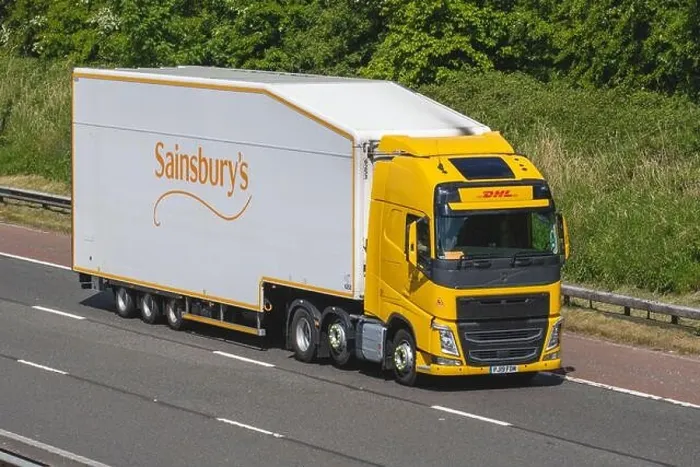 Framed Print : Sainsbury's articulated food trailer; DHL Haulage delivery trucks Framed Print : Sainsbury's articulated food trailer; DHL Haulage delivery trucks