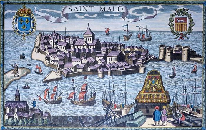 Framed Print : Saint Malo, Brittany, France. Engraving and Plan of the Port as it Appeared during the c12th Framed Print : Saint Malo, Brittany, France. Engraving and Plan of the Port as it Appeared during the c12th