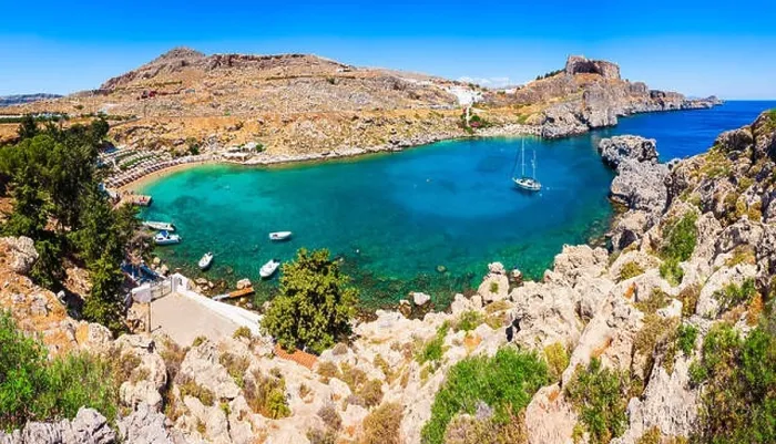 Framed Print : Saint Paul's Beach and Lindos Acropolis aerial panoramic view in Rhodes island in Greece Framed Print : Saint Paul's Beach and Lindos Acropolis aerial panoramic view in Rhodes island in Greece