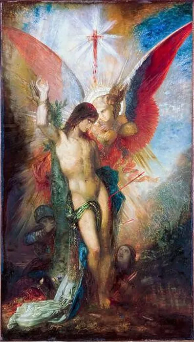 Framed Print : Saint Sebastian And The Angel, painting in oil on panel by Gustave Moreau, circa 1876 Framed Print : Saint Sebastian And The Angel, painting in oil on panel by Gustave Moreau, circa 1876