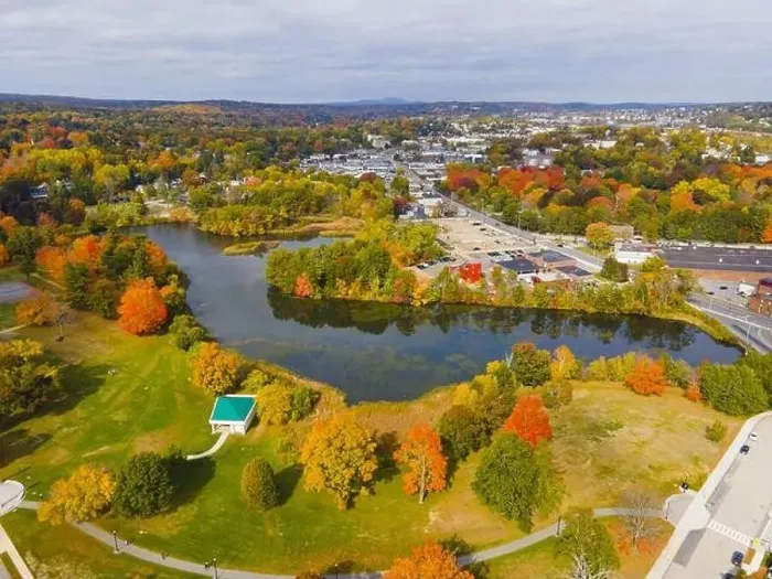 Framed Print : Salisbury Pond and Institute Park aerial view in fall with fall foliage in city center of Worcester Framed Print : Salisbury Pond and Institute Park aerial view in fall with fall foliage in city center of Worcester