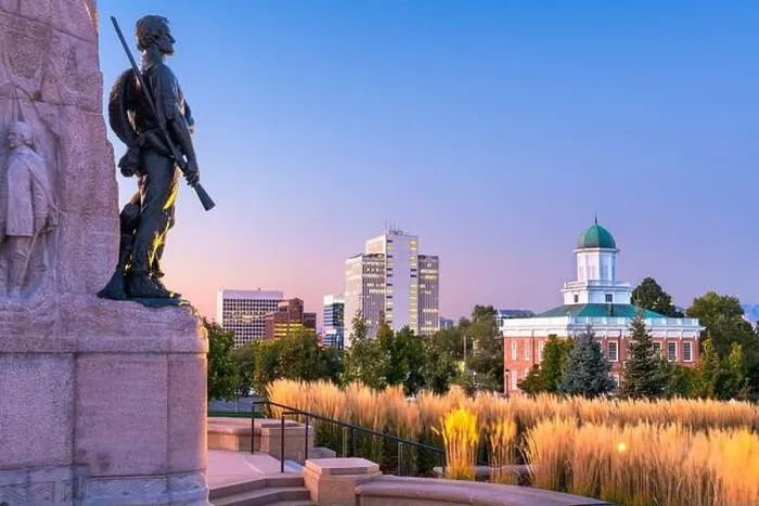 Framed Print : SALT LAKE CITY, UTAH - Dawn with the Mormon Battalion Monument constructed in 1927 from the grounds of state capitol Framed Print : SALT LAKE CITY, UTAH - Dawn with the Mormon Battalion Monument constructed in 1927 from the grounds of state capitol
