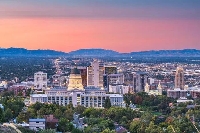 Framed Print : Salt Lake City, Utah, USA downtown city skyline at dusk