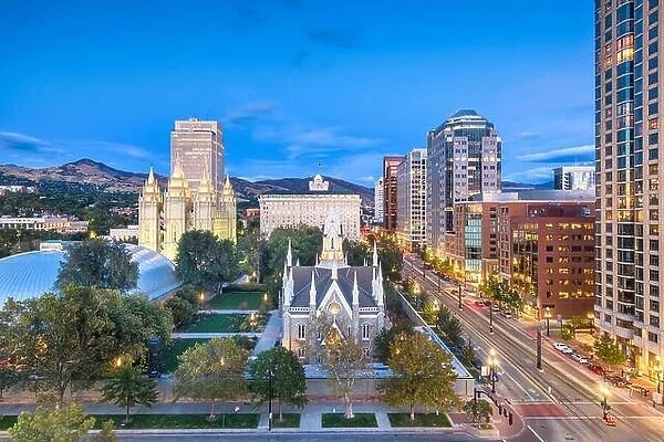 Salt Lake City, Utah, USA downtown cityscape over Temple Square at dusk