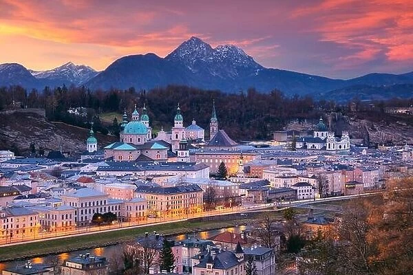 Salzburg, Austria. Cityscape image of the Salzburg, Austria with Salzburg Cathedral during beautiful winter sunset