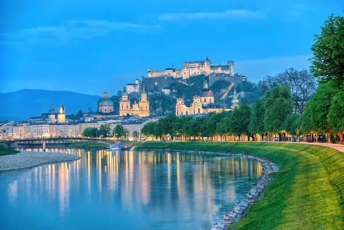 Framed Print : Salzburg bluehour with Festung Hohensalzburg fortress and reflection of night city lights. Austria Framed Print : Salzburg bluehour with Festung Hohensalzburg fortress and reflection of night city lights. Austria