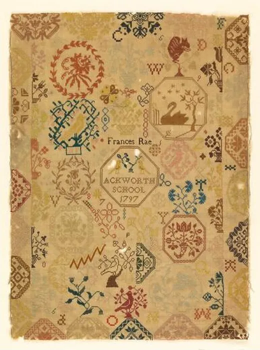 Framed Print : Sampler. Detached motifs, including a swan Framed Print : Sampler. Detached motifs, including a swan