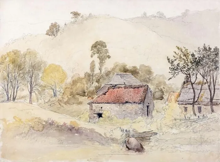 Framed Print : Samuel Palmer, The Barns, landscape painting before 1881 Framed Print : Samuel Palmer, The Barns, landscape painting before 1881