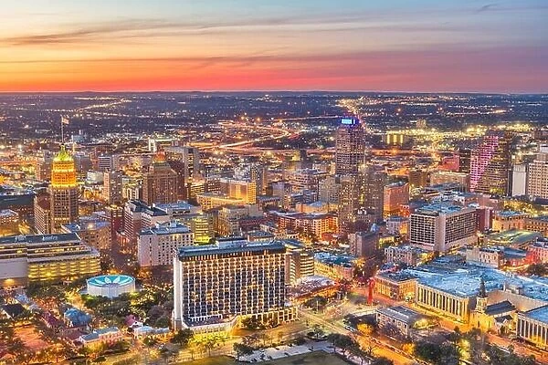 San Antonio, Texas, USA downtown skyline from above at dusk