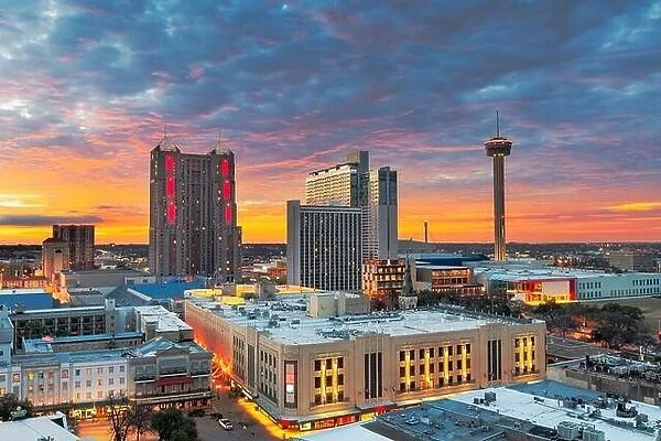 San Antonio, Texas, USA skyline from above at dawn
