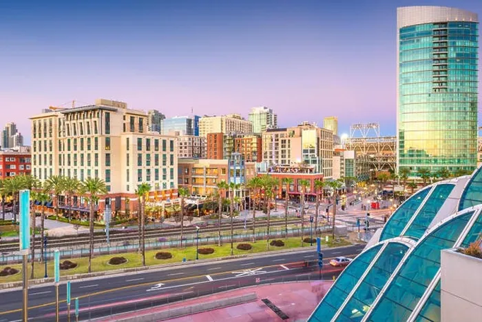 Framed Print : San Diego, California cityscape at the Gaslamp Quarter at dusk