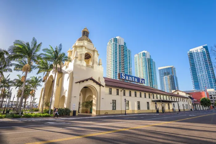 Framed Print : SAN DIEGO, CALIFORNIA - FEBRUARY 26, 2016: Santa Fe Depot in downtown San Diego. The building dates from 1915 Framed Print : SAN DIEGO, CALIFORNIA - FEBRUARY 26, 2016: Santa Fe Depot in downtown San Diego. The building dates from 1915