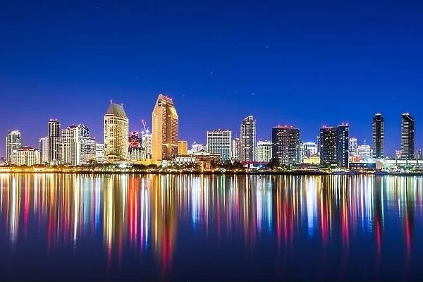 San Diego, California, USA downtown skyline on the San Diego Bay at night