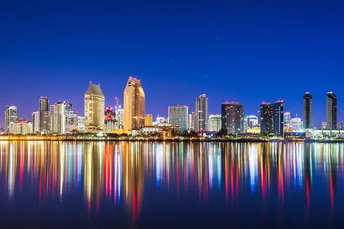 Framed Print : San Diego, California, USA downtown skyline on the San Diego Bay at night Framed Print : San Diego, California, USA downtown skyline on the San Diego Bay at night