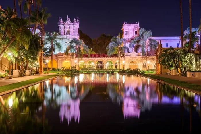 Framed Print : San Diego, California, USA plaza fountain at night in the Prado Framed Print : San Diego, California, USA plaza fountain at night in the Prado