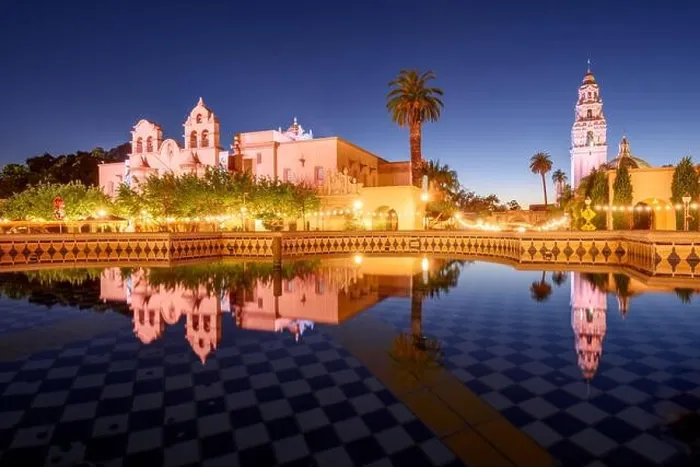 Framed Print : San Diego, California, USA plaza fountain at night in the Prado Framed Print : San Diego, California, USA plaza fountain at night in the Prado