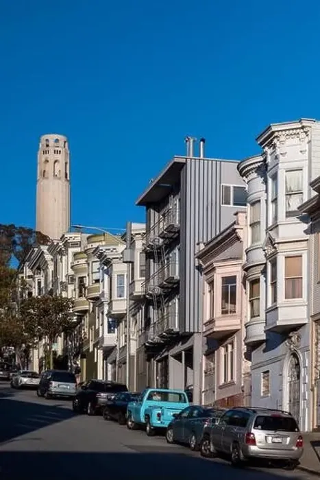 Framed Print : San Francisco, California - April 27, 2023: View Coit Tower and cityscape against blue sky during sunny day Framed Print : San Francisco, California - April 27, 2023: View Coit Tower and cityscape against blue sky during sunny day