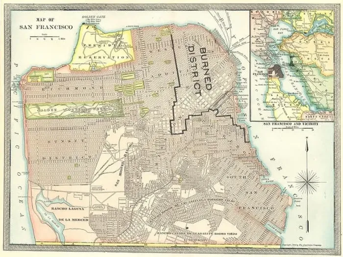 Framed Print : SAN FRANCISCO town / city plan showing area destroyed in 1906 earthquake, 1907 map Framed Print : SAN FRANCISCO town / city plan showing area destroyed in 1906 earthquake, 1907 map