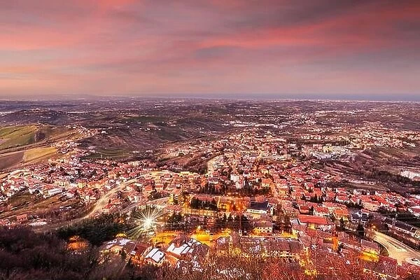 San Marino, a landlocked country within Italy from Monte Titano at dusk