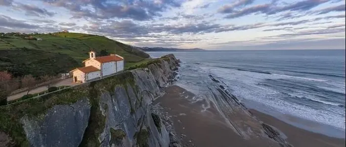 Framed Print : San Telmo hermitage in Zumaia, Basque Country - drone aerial view Framed Print : San Telmo hermitage in Zumaia, Basque Country - drone aerial view