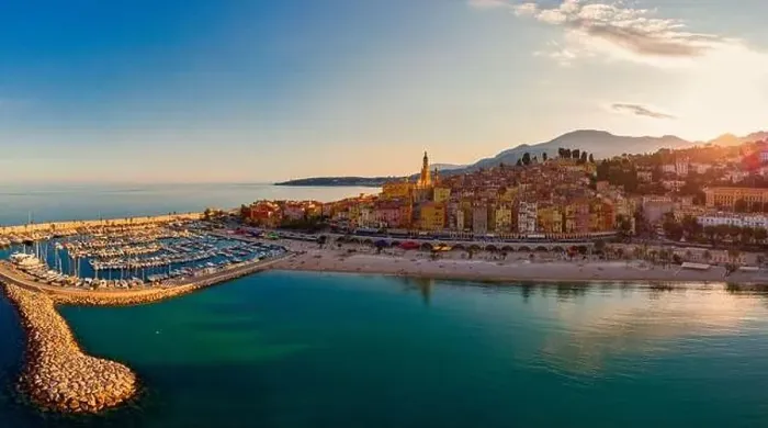 Framed Print : Sand beach beneath the colorful old town Menton on french Riviera, France. Drone aerial view over Menton France Europe Framed Print : Sand beach beneath the colorful old town Menton on french Riviera, France. Drone aerial view over Menton France Europe