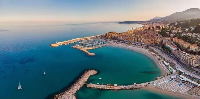 Framed Print : Sand beach beneath the colorful old town Menton on french Riviera, France. Drone aerial view over Menton France Europe Framed Print : Sand beach beneath the colorful old town Menton on french Riviera, France. Drone aerial view over Menton France Europe