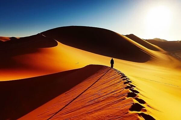 Sand dune climbing at sunrise, Sahara Desert, Algeria