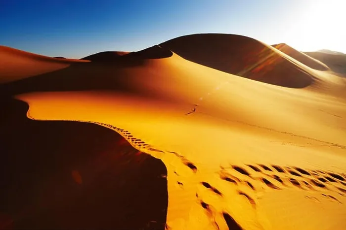 Framed Print : Sand dune with footprints at sunrise, Sahara Desert, Algeria Framed Print : Sand dune with footprints at sunrise, Sahara Desert, Algeria