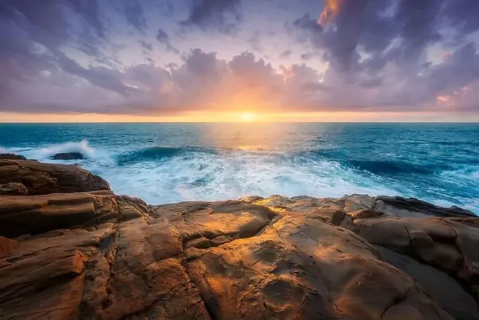 Framed Print : The sandstone rocks of Romito during a storm at sunset. Calafuria near Livorno, Tuscany region, Italy, Europe