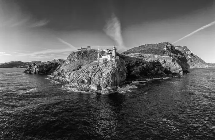 Framed Print : Santa Catalina lighthouse in Lekeitio, Basque country - drone aerial view, Black and white Framed Print : Santa Catalina lighthouse in Lekeitio, Basque country - drone aerial view, Black and white