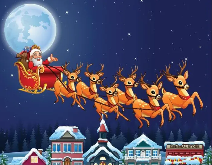 Framed Print : Santa Claus riding his reindeer sleigh flying over town
