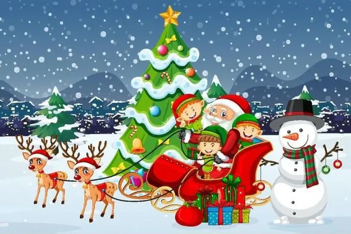 Framed Print : Santa Claus on sleigh with reindeer and many kids wear elf costume in snow scene illustration Framed Print : Santa Claus on sleigh with reindeer and many kids wear elf costume in snow scene illustration