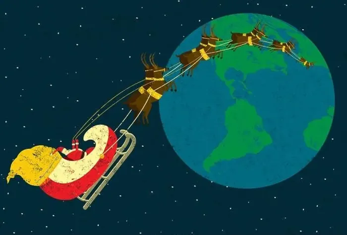 Framed Print : Santa delivering presents Santa Claus flying around the world in his sleigh being pulled by his reindeer Framed Print : Santa delivering presents Santa Claus flying around the world in his sleigh being pulled by his reindeer