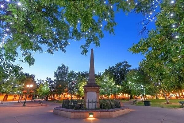 Santa Fe, New Mexico, USA in Santa Fe Plaza with the Soldiers Monument at twilight