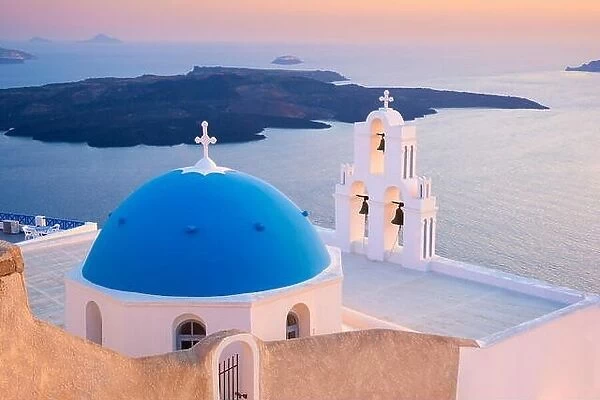 Santorini Greece, landscape with church and sea in the background, Thira (Fira) Town, very popular viewing point of Santorini
