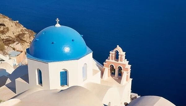 Santorini - greek church and Aegean Sea in the background, Oia Town, Santorini Island, Greece