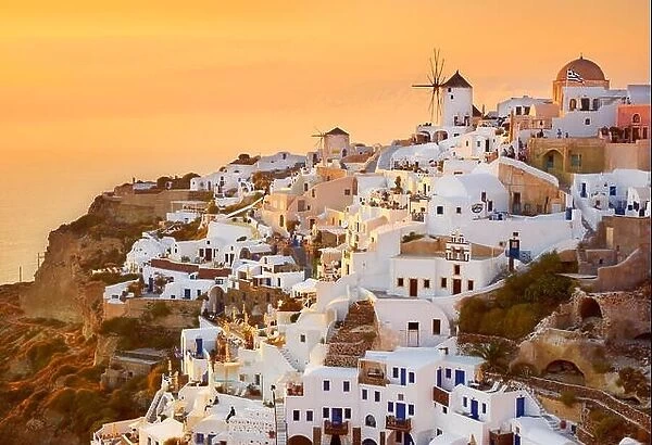 Santorini Island - aerial view of Oia Town at sunset time, Greece