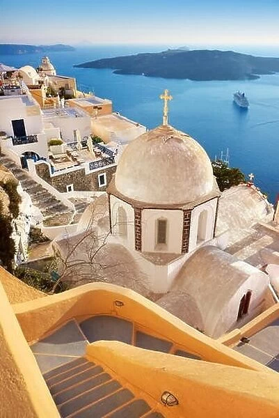 Santorini Island - Thira (capital city) - greek white church overlooking the Aegean Sea, Greece