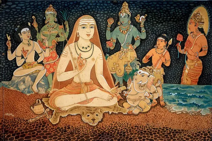 Framed Print : Sanyasin monk sadhu saint ascetic Swami Adi Shankara Adi Shankaracharya sitting on tiger skin Lord Ganesh Lord Shiva Framed Print : Sanyasin monk sadhu saint ascetic Swami Adi Shankara Adi Shankaracharya sitting on tiger skin Lord Ganesh Lord Shiva