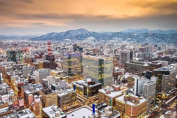 Sapporo, Hokkaido, Japan downtown skyline from above at twilight