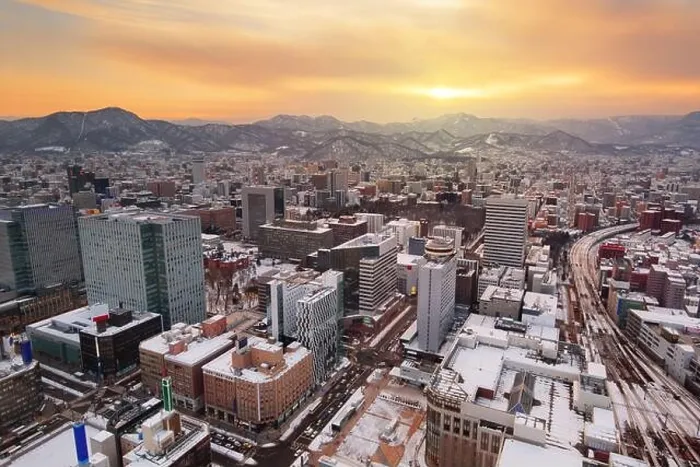 Framed Print : Sapporo, Hokkaido, Japan downtown skyline from above at twilight